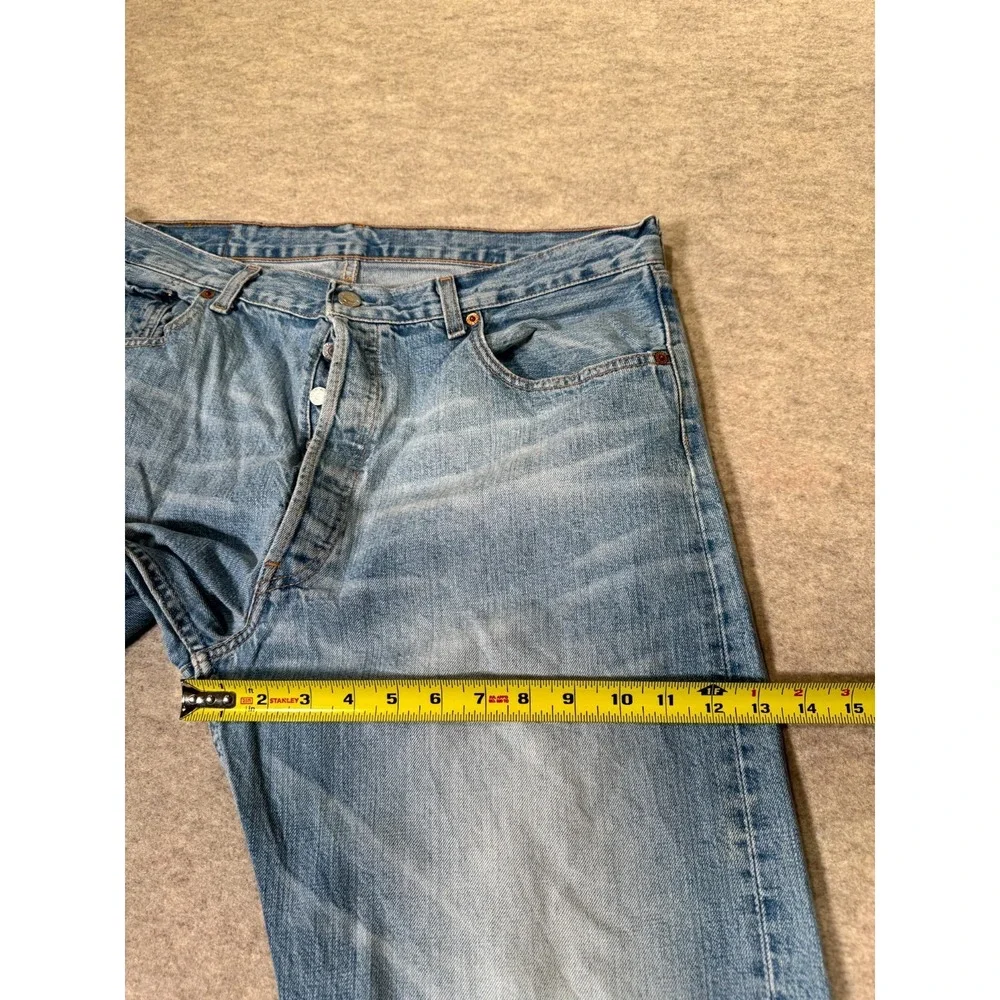 Levis 501 Original Fit Jeans Mens 38x34 Light Blue Whiskering Denim Straight Leg
